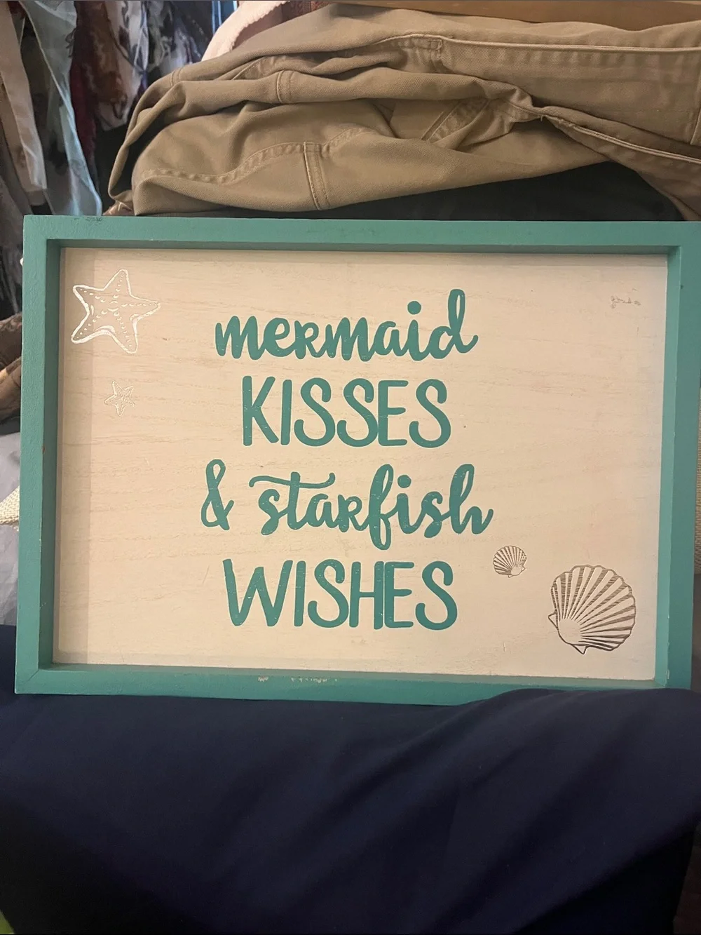 Hobby Lobby Teal Framed Quote Sign “Mermaid Kisses & Starfish Wishes” Teal wood